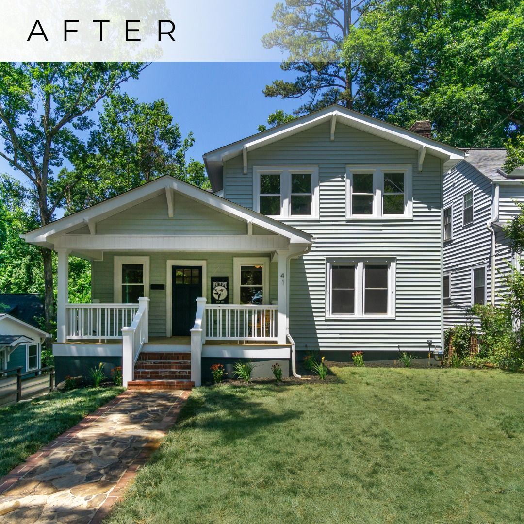 Two-story gray house with white trim and front porch, labeled “AFTER,” under a sunny blue sky.