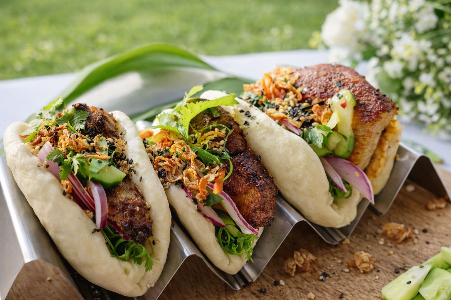 Three loaded tacos lined on paper boats, topped with greens, pickled onions, and crispy seasoning outdoors.