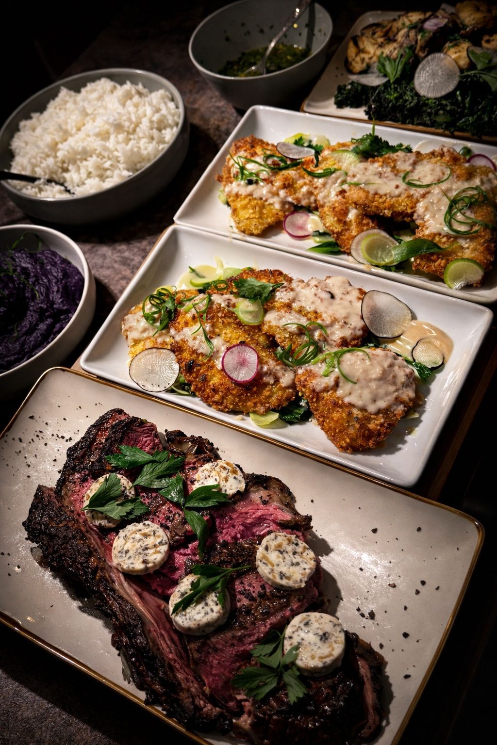 Plated gourmet rice and meat dishes with herbs on a table, served with bowls of rice and vegetables