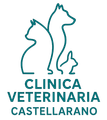 Logo di una clinica veterinaria con disegno al tratto di un gatto, un cane e un coniglio