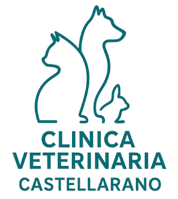 Logo di una clinica veterinaria con disegno al tratto di un gatto, un cane e un coniglio
