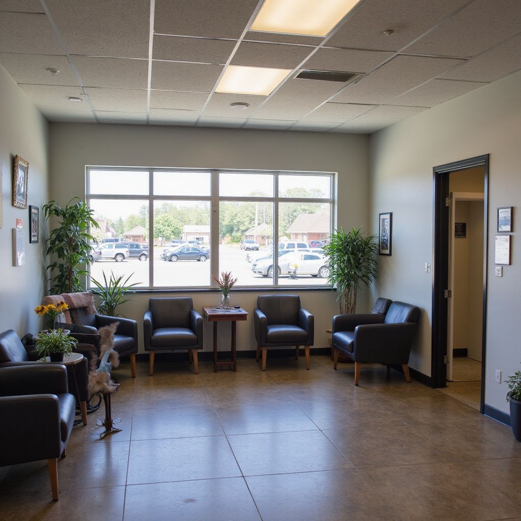 Waiting room with dark leather chairs, a large window, and plants.