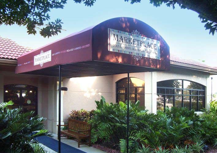 Red awning over the entrance of