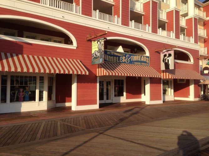 Red building with awnings,