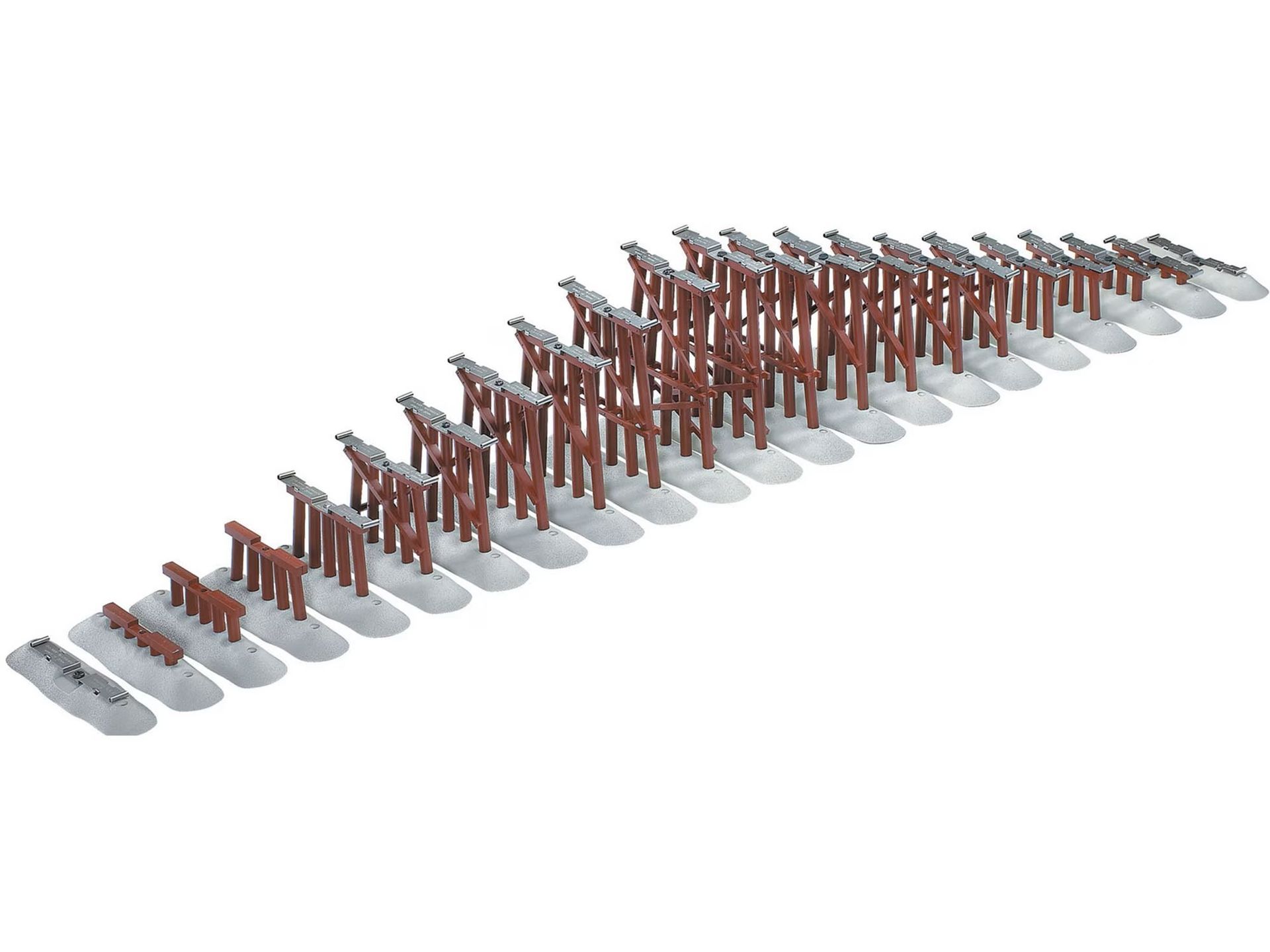 Row of red metal luggage carts on a white background, shown in perspective.