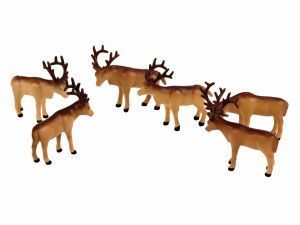 Five small brown reindeer figurines arranged in a circle on a white background