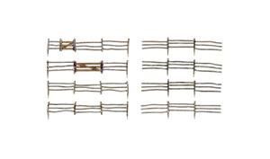 Two side-by-side diagrams of woven wire fence panels, showing top and side views.