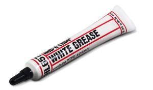 Tube of white grease with black nozzle and red lettering on a white background