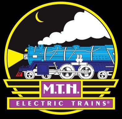 M.T.H. Electric Trains logo with blue steam locomotive under a moonlit sky