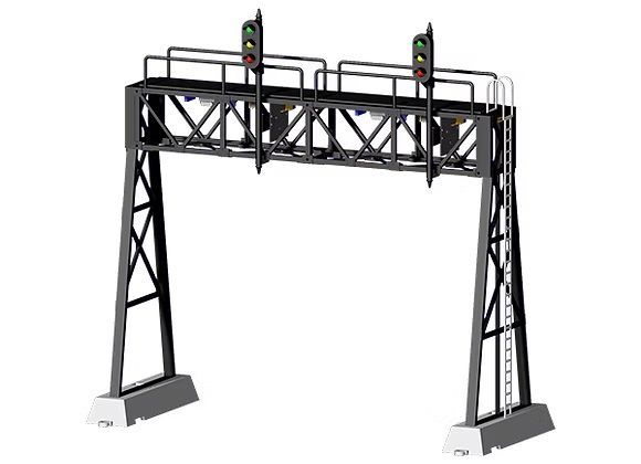 Railway signal gantry with two green lights on a black steel frame