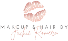 The logo for makeup and hair by jackie romero has a kiss on it.