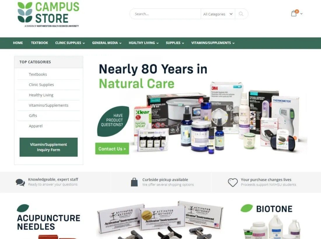 Campus Store website homepage with natural care products, nearly 80 years in business.