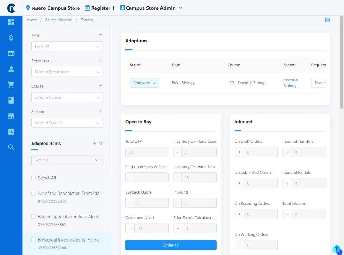 Webpage with a dashboard interface, including filter options, lists, and data input fields. Blue and white color scheme.