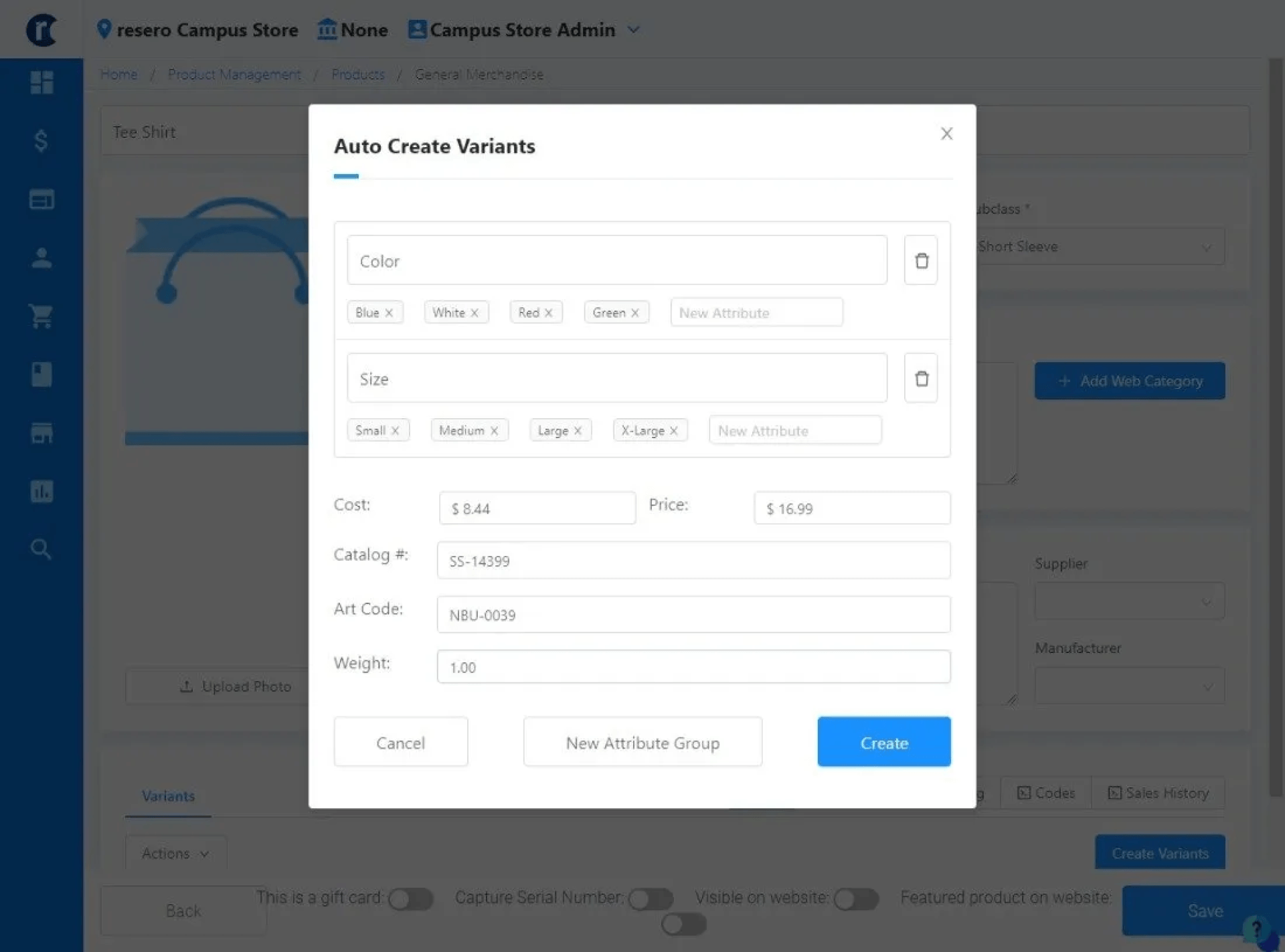 Dialog box to auto-create product variants; options include color, size, SKU, price, etc.