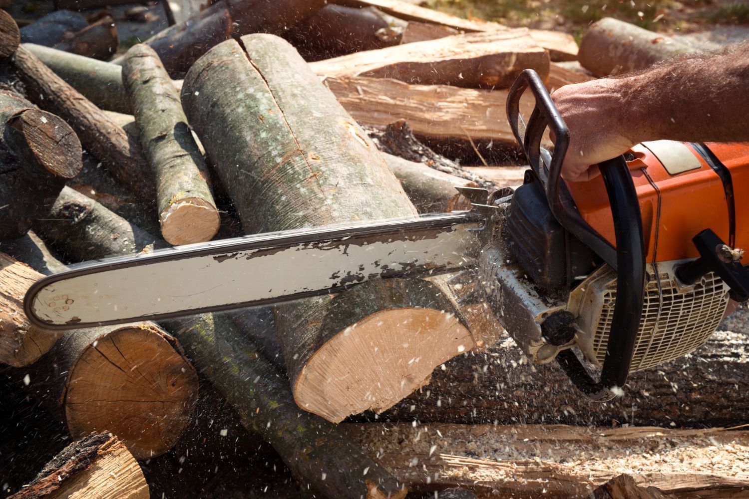 A person is using a chainsaw to cut logs
