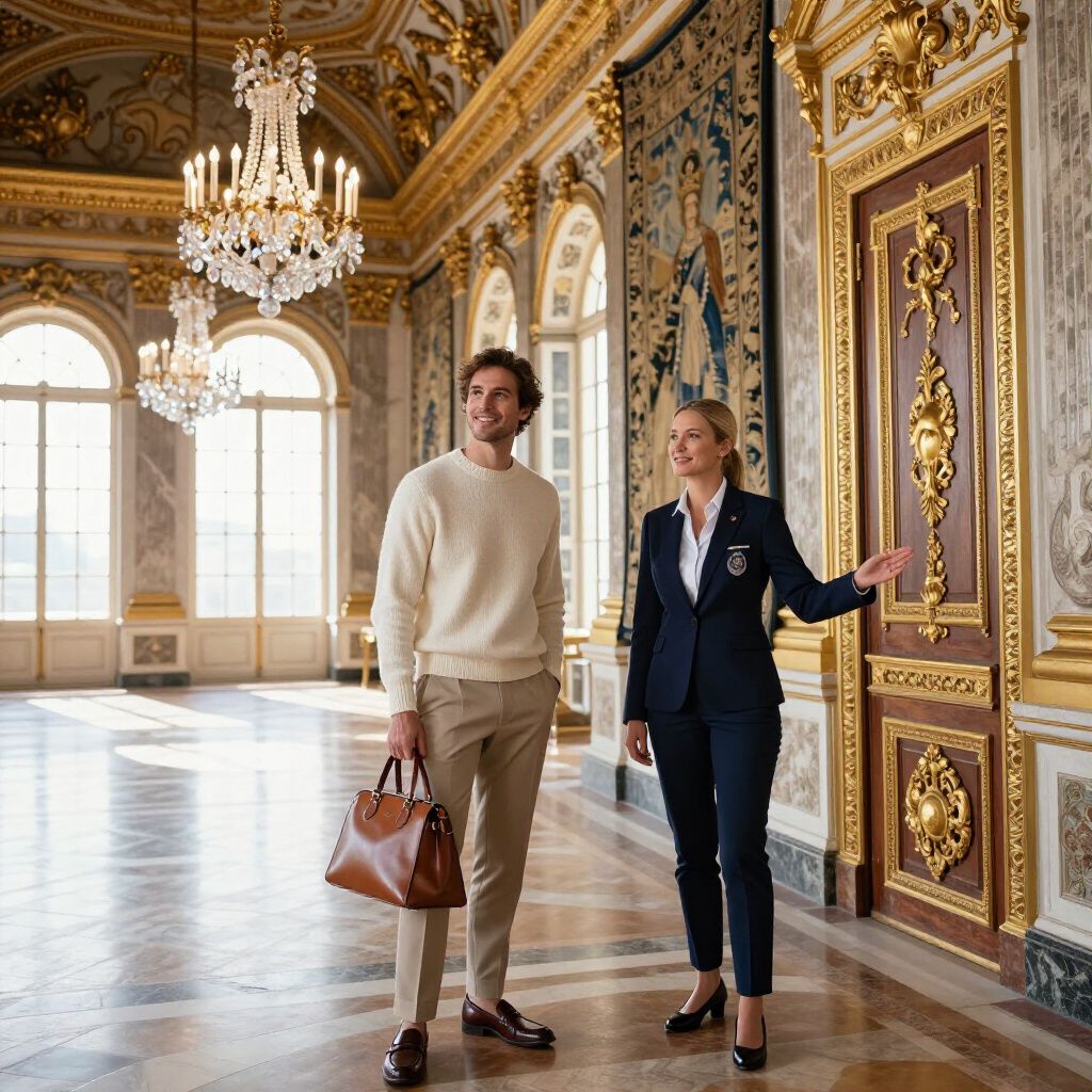 Man and guide in ornate hall; man holds bag, guide points to door, chandeliers above while touring a UNESCO site in Europe.