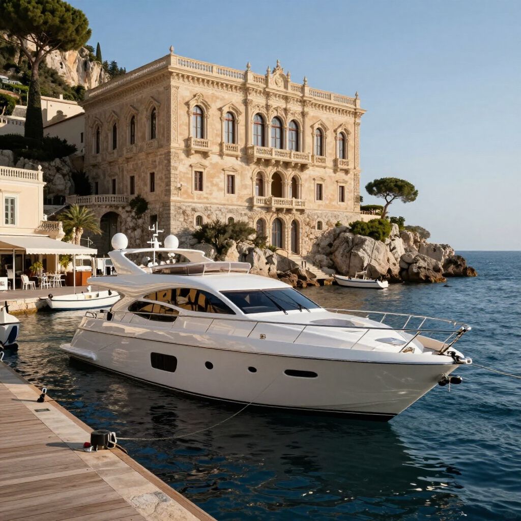 White yacht docked near a grand stone building on a sunny seaside location in Europe.