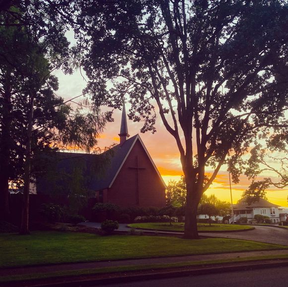 St. Paul's church at sunset, as viewed from High Street.
