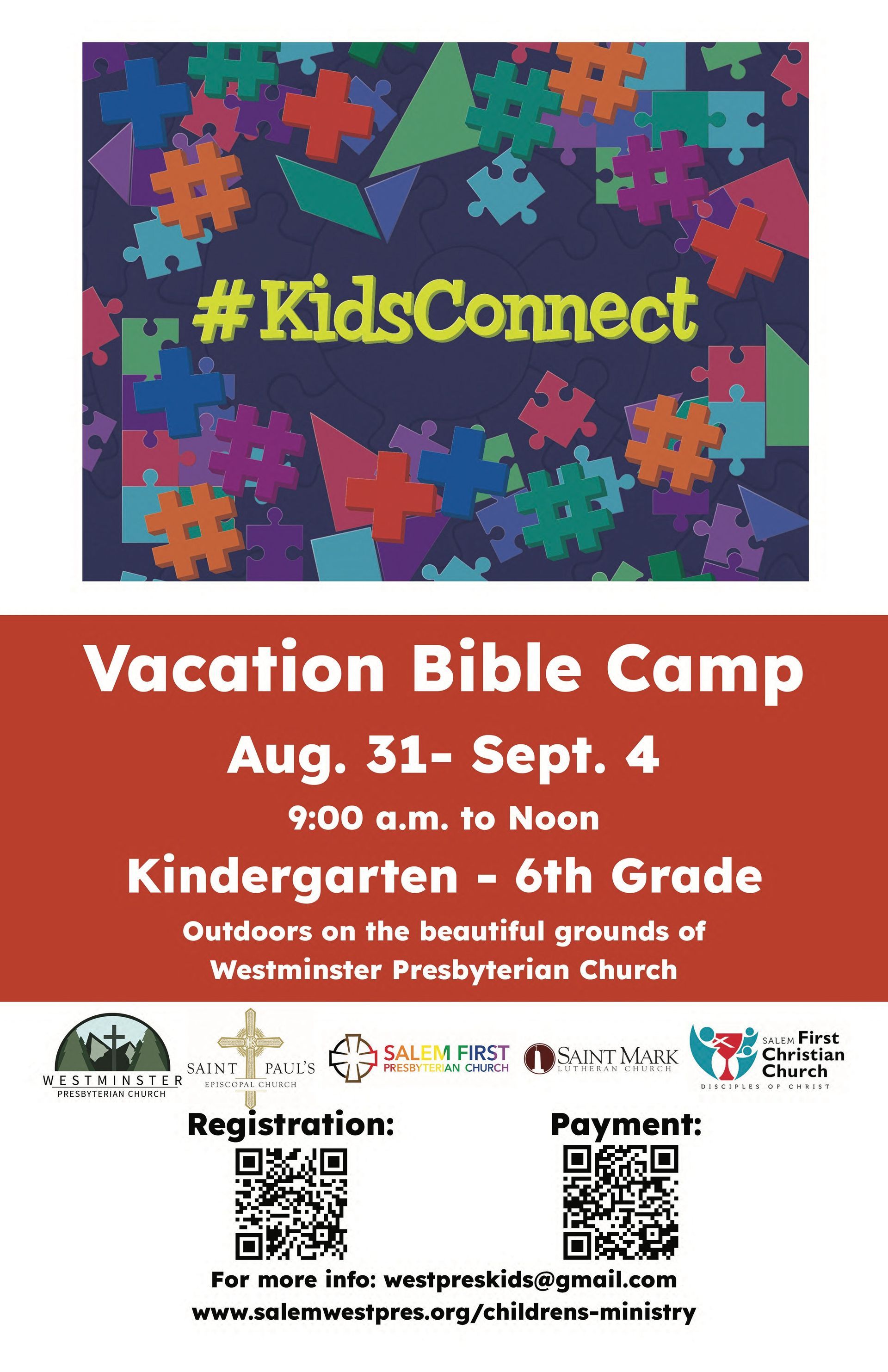 Vacation Bible Camp
August 31st to September 4th
Kindergarten through 6th Grade
Outdoors on the beautiful grounds of Westminster Presbyterian Church