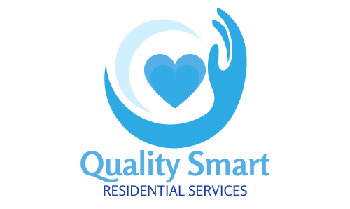 The logo for quality smart residential services shows a hand holding a heart.
