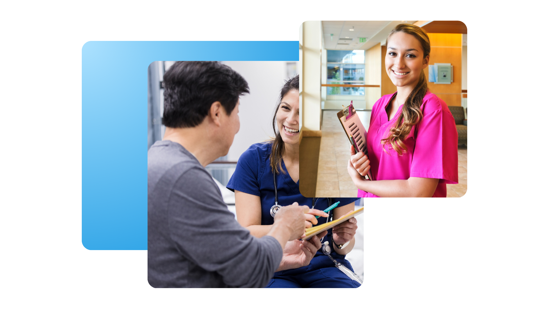 Patient consulting with a nurse; another nurse holding clipboard in a medical setting.