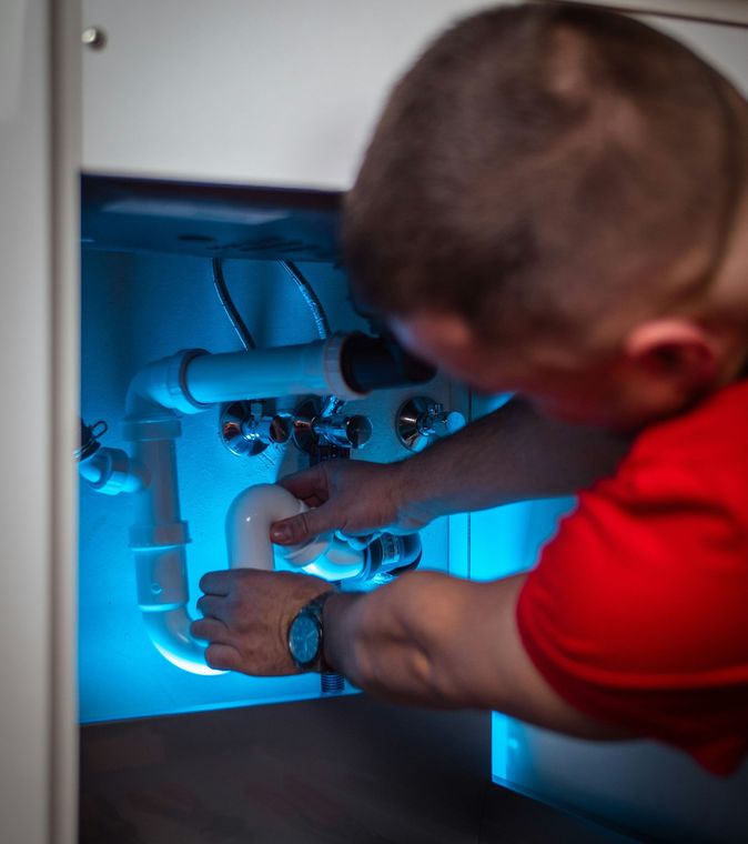 Person in a red shirt working on pipes under a sink with blue lighting.