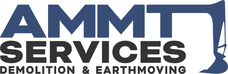 Logo for AMMT Services featuring blue text and an excavator graphic.
