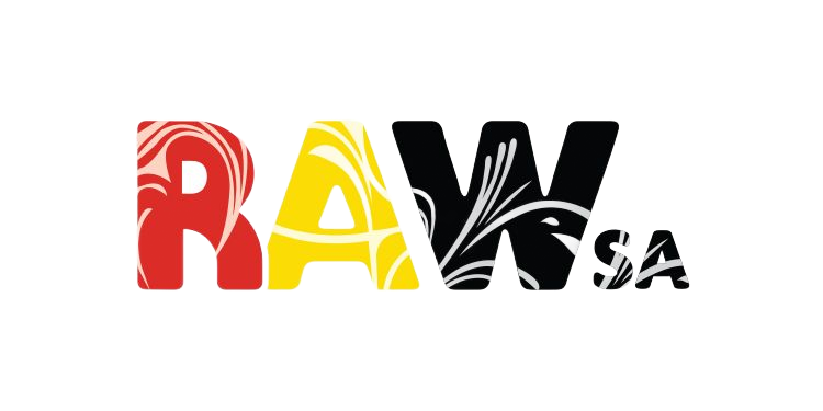 Logo for RAW SA, with colorful letters and artistic floral patterns.