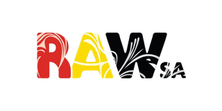 Logo for RAW SA, with colorful letters and artistic floral patterns.