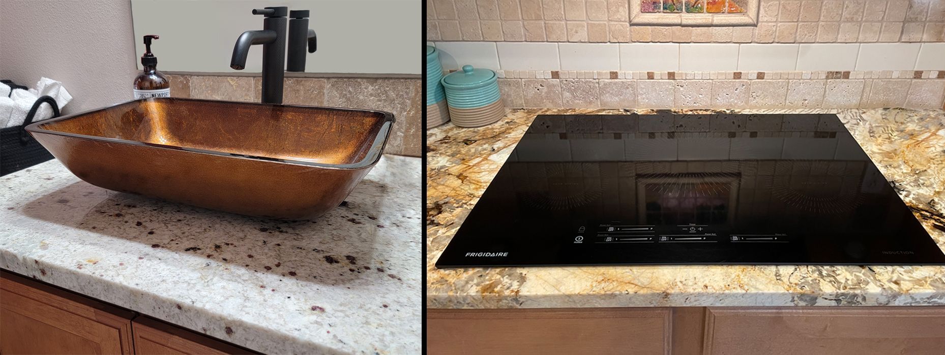 Copper bathroom sink on speckled countertop, and a built-in black stovetop on a granite countertop.