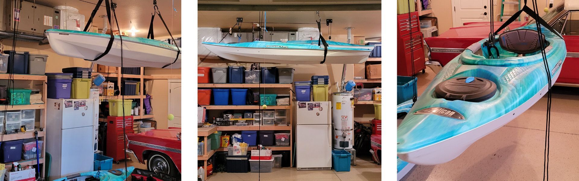 Three panels show a garage with storage and hanging kayaks. Shelves are filled with bins and storage.
