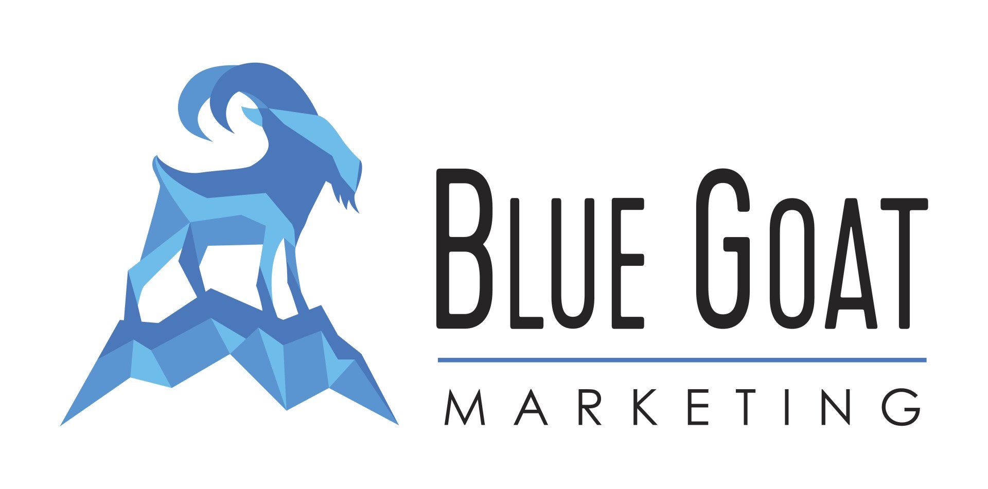 The logo for blue goat marketing shows a blue goat standing on top of a mountain.