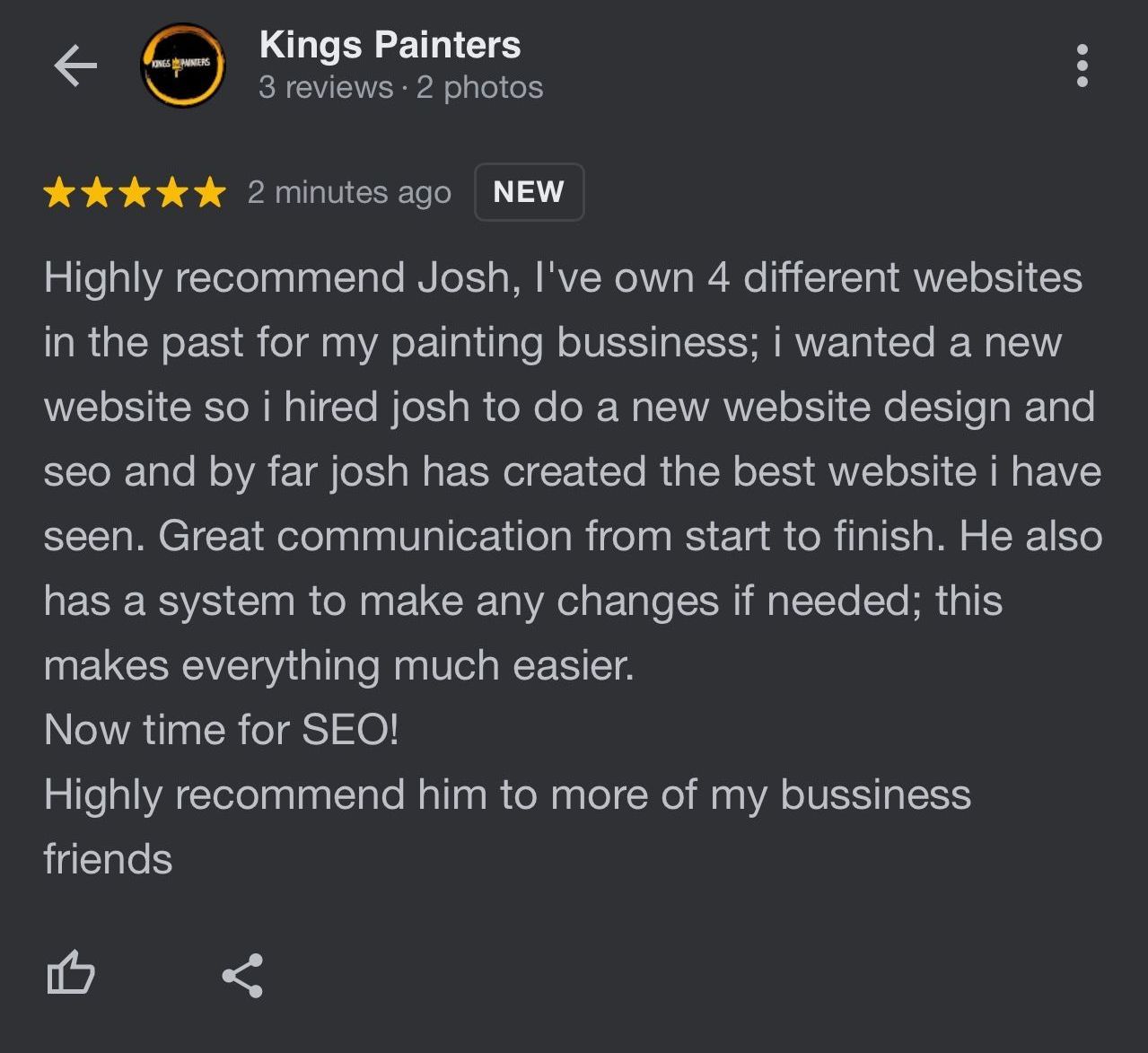A google review for kings painters shows a 5 star rating