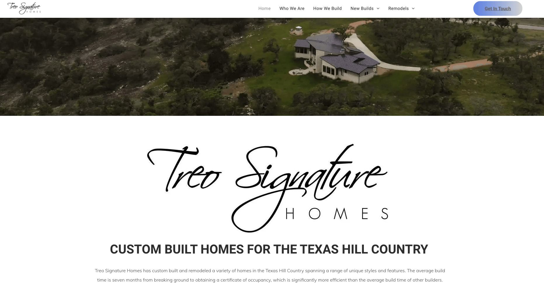 A website for a company called treo signature homes shows a house in the middle of a forest.