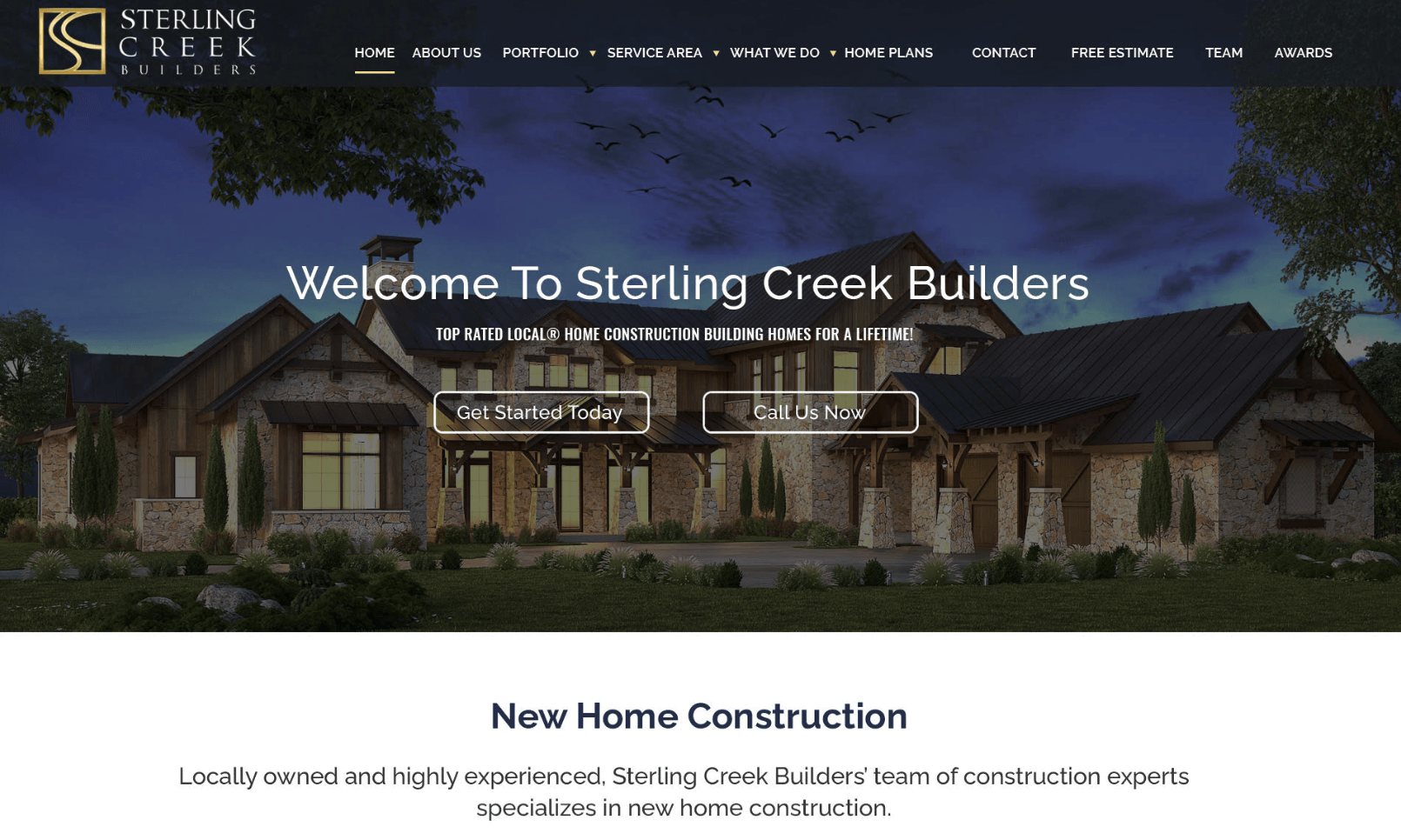 A website for sterling creek builders shows a picture of a house at night.