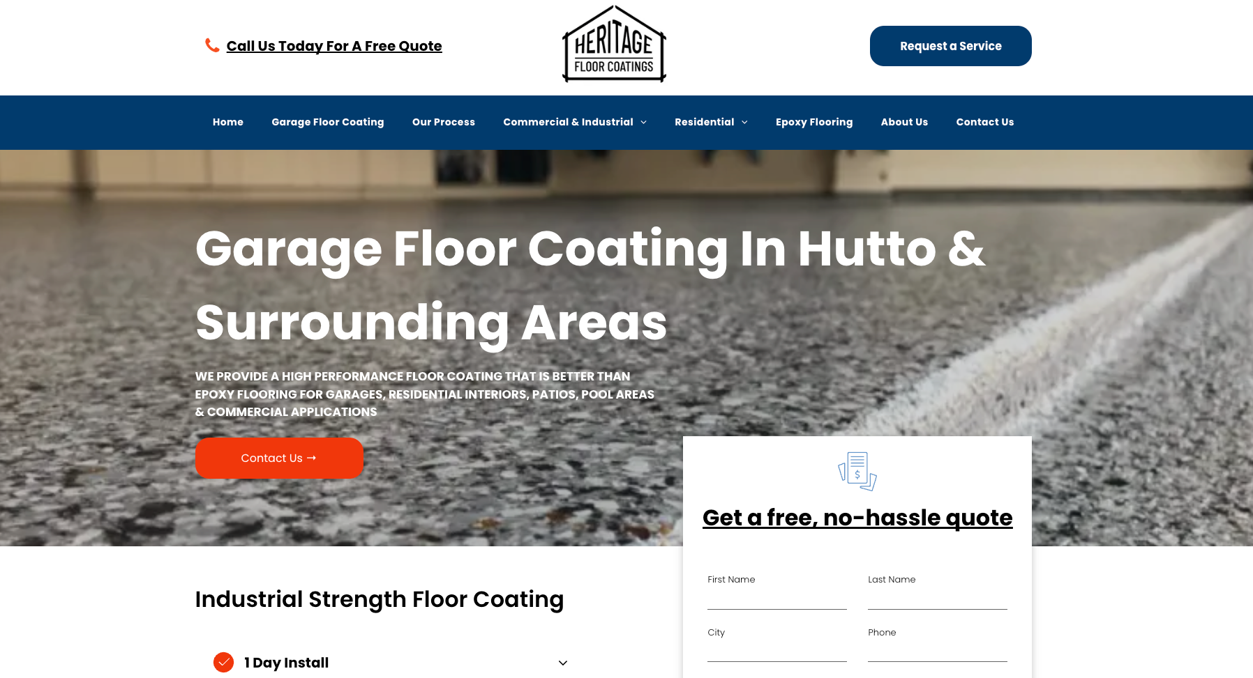 A screenshot of a website for garage floor coating in hutto and surrounding areas.