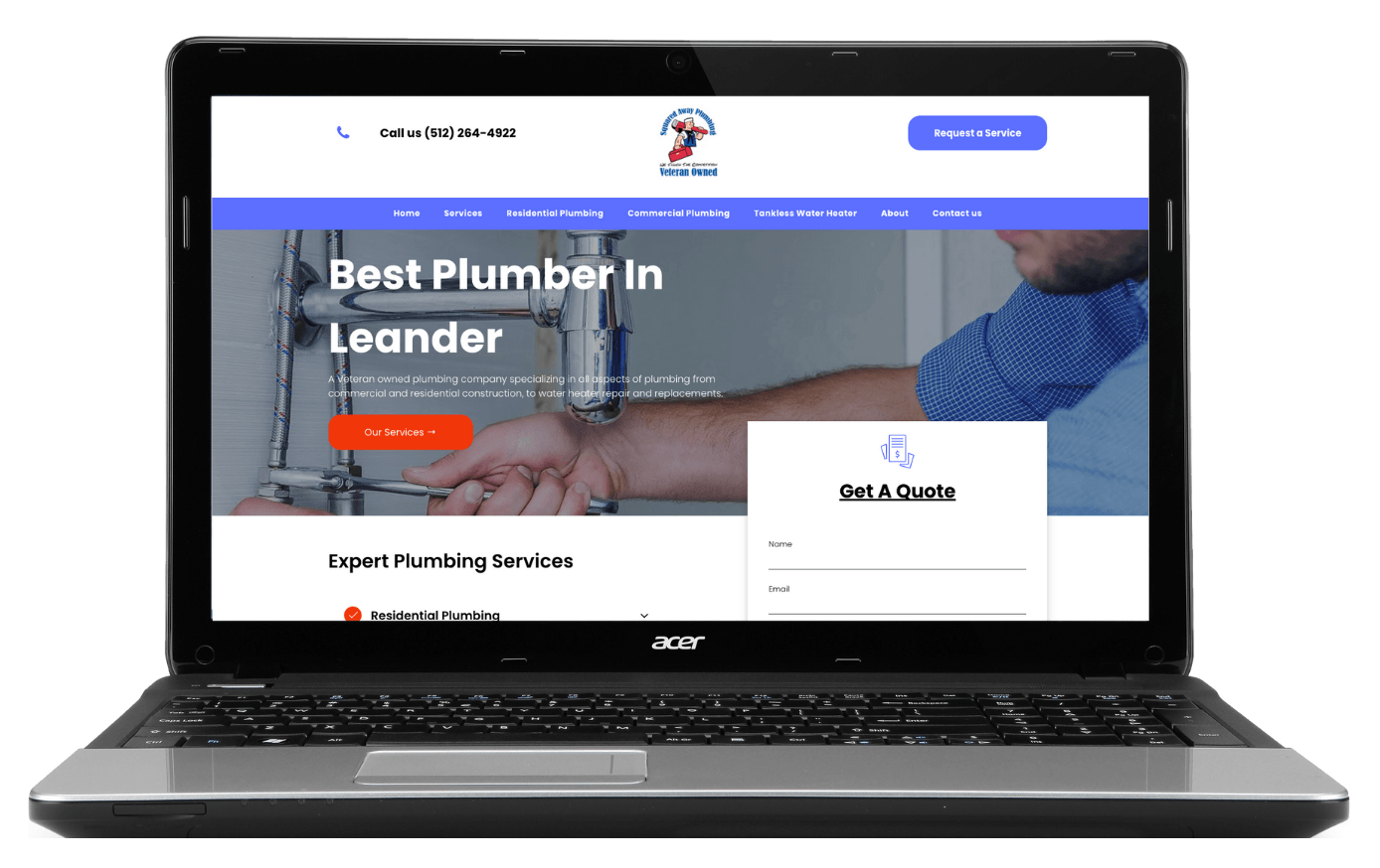 A laptop computer is open to a website for best plumber in leander.