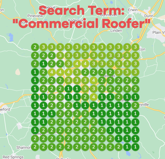 A search term for commercial roofers is displayed on a map
