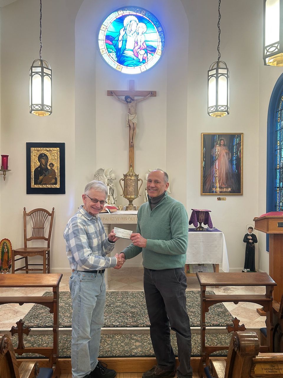 March 13, 2026 - Joe Lofgren, St. Luke's Knights of Columbus Council #16053 Program Director, presents $500 check to Richard Lafond, Jr., Mother of Life Center (Providence, RI) Communications and Development Facilitator, in support of the Knights of Columbus Aid and Support After Pregnancy (ASAP) program.