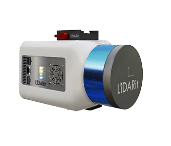 Um modelo 3D de uma câmera lidar em um fundo branco.