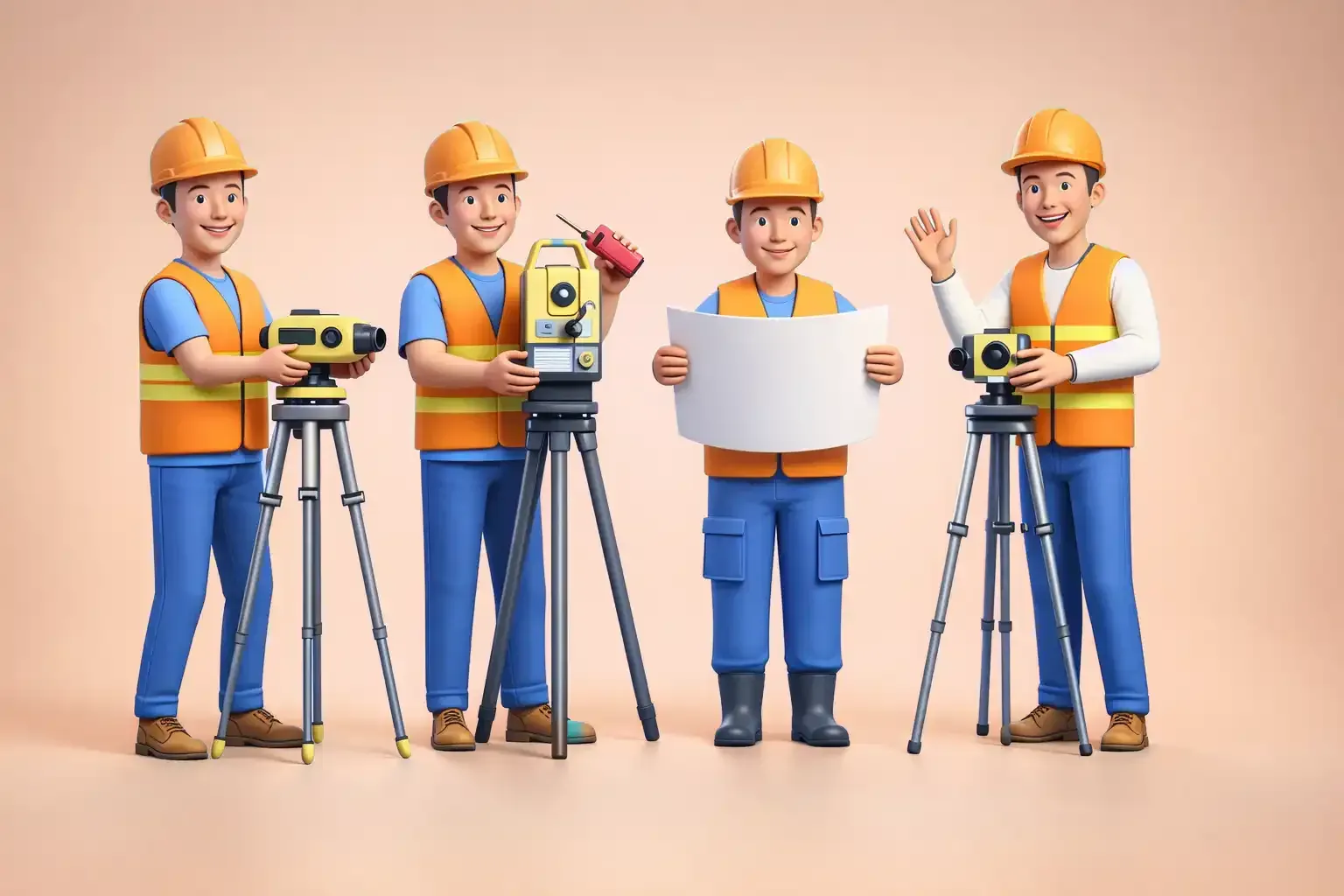 Four construction workers in orange safety vests and helmets stand together with survey equipment and a blueprint.