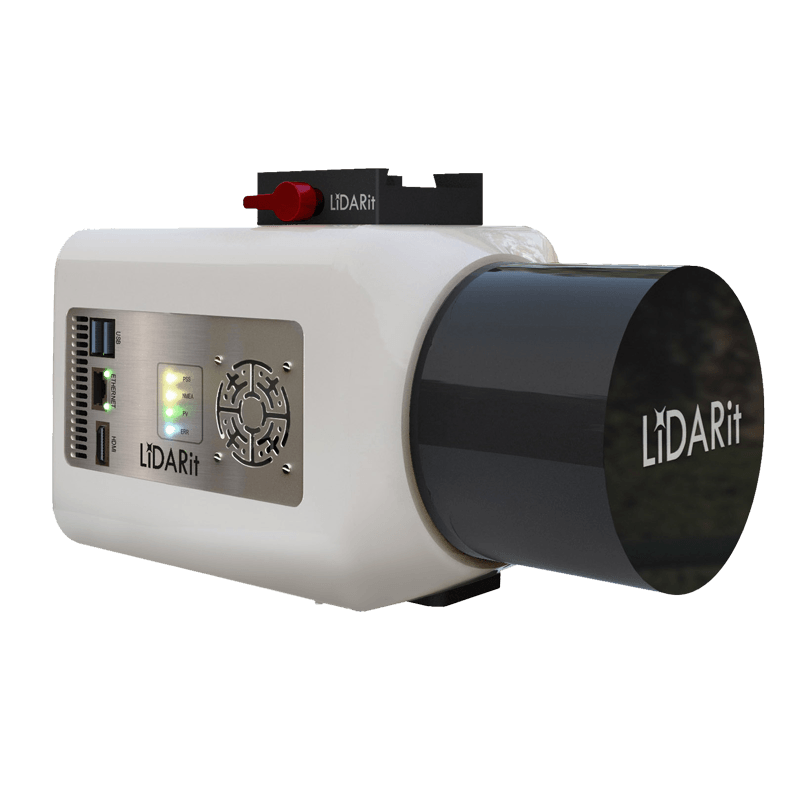 Uma câmera lidar é mostrada em um fundo branco