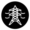 Um ícone preto e branco de uma torre elétrica em um círculo.