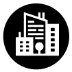 Um ícone branco de uma cidade com edifícios e uma árvore em um círculo preto.