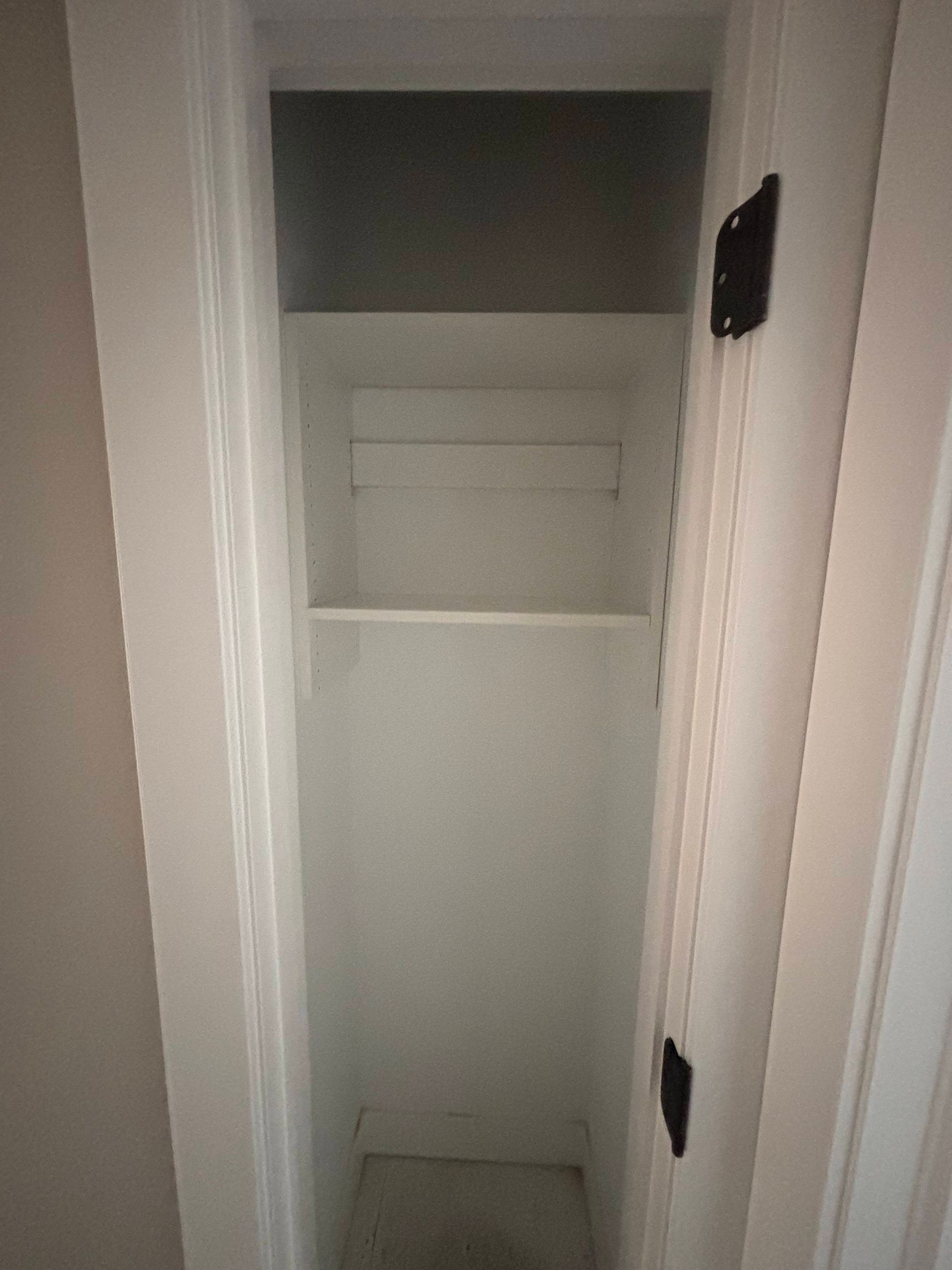 An empty closet with a shelf and a door in a hallway.