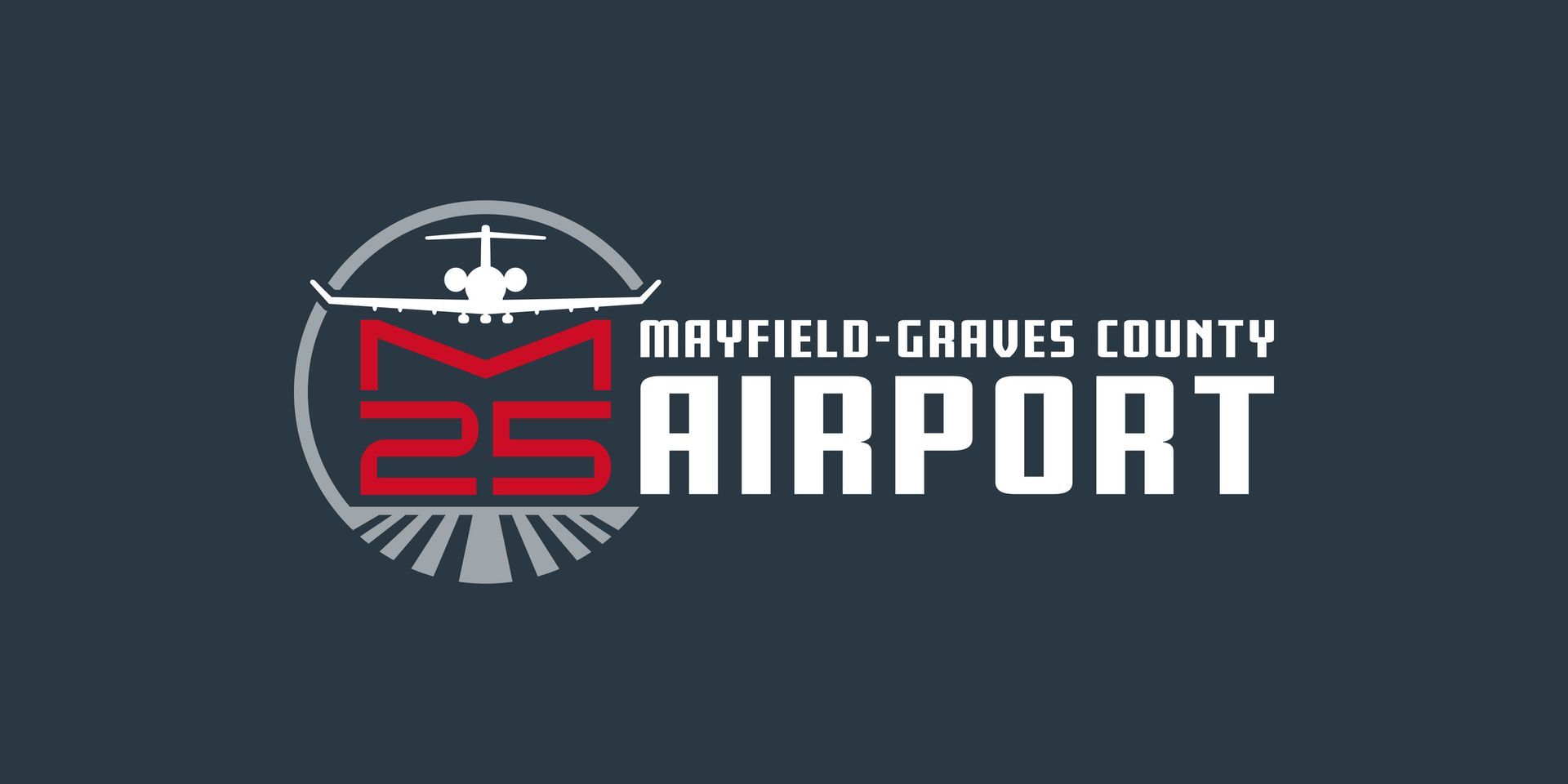 Logo for Mayfield-Graves County Airport, with airplane, red and gray design on dark blue background.