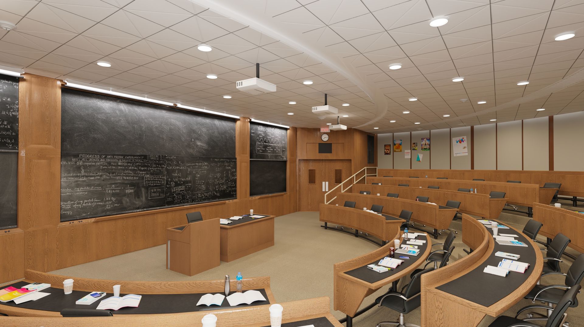 A classroom with curved desks, a wooden podium, and chalkboards on the wall.