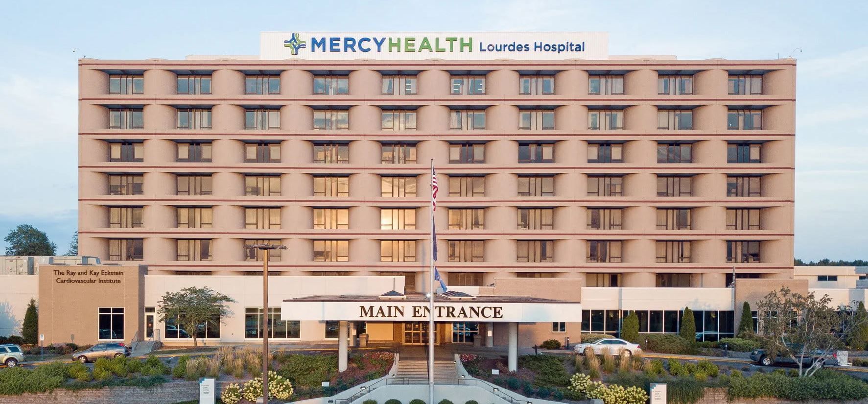 Mercy Health Lourdes Hospital, tan building with a 