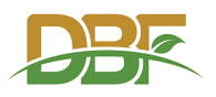 Logo with the letters DBF in green and gold, with a leaf and curved lines.