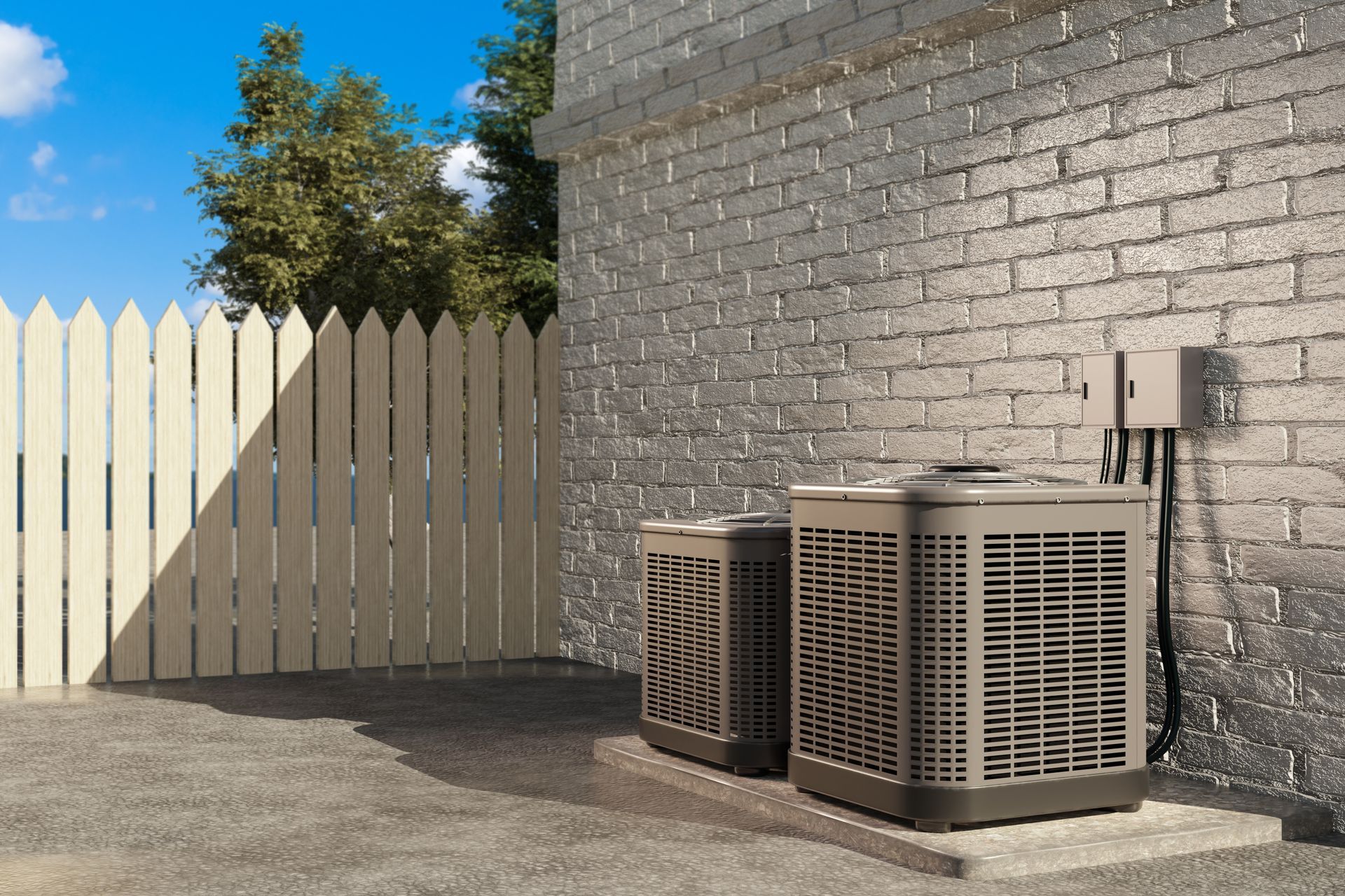 Two air conditioning units by a brick wall, next to a white picket fence, on a sunny day.